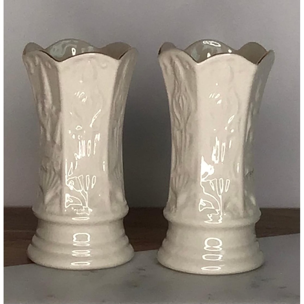 Vtg Belleek Ireland Spill Bud Vases Pair Parian China Gold Trim Cream 3.5" Irish